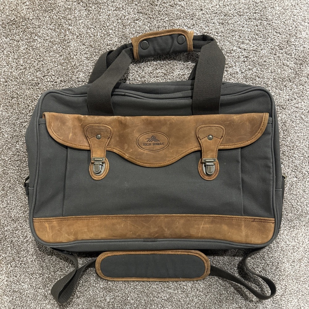 Vintage High Sierra Canvas Leather Trim Messenger Bag Brown Brass Buckles